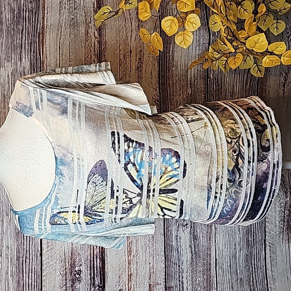 STYLE & CO BLUE YELLOW BUTTERFLY FLUTTER SLEEVE PULLOVER TOP - Picture 1 of 13